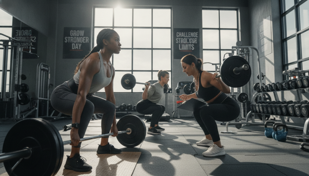 A modern gym interior, featuring a diverse group of individuals engaged in weight lifting exercises focused on progressive overload techniques. In the foreground, a determined woman and man are performing deadlifts, showcasing proper form and technique, dressed in modest athletic wear. In the middle ground, a personal trainer providing guidance with a clipboard, emphasizing the importance of gradually increasing weights. The background reveals an array of free weights and weight machines, with motivational posters on the walls. Bright, natural lighting filters in through large windows, creating an energetic and inspiring atmosphere. The angle captures the action from a low perspective, emphasizing the effort and dedication of the lifters while maintaining a professional and encouraging mood. A modern gym interior, featuring a diverse group of individuals engaged in weight lifting exercises focused on progressive overload techniques. In the foreground, a determined woman and man are performing deadlifts, showcasing proper form and technique, dressed in modest athletic wear. In the middle ground, a personal trainer providing guidance with a clipboard, emphasizing the importance of gradually increasing weights. The background reveals an array of free weights and weight machines, with motivational posters on the walls. Bright, natural lighting filters in through large windows, creating an energetic and inspiring atmosphere. The angle captures the action from a low perspective, emphasizing the effort and dedication of the lifters while maintaining a professional and encouraging mood.