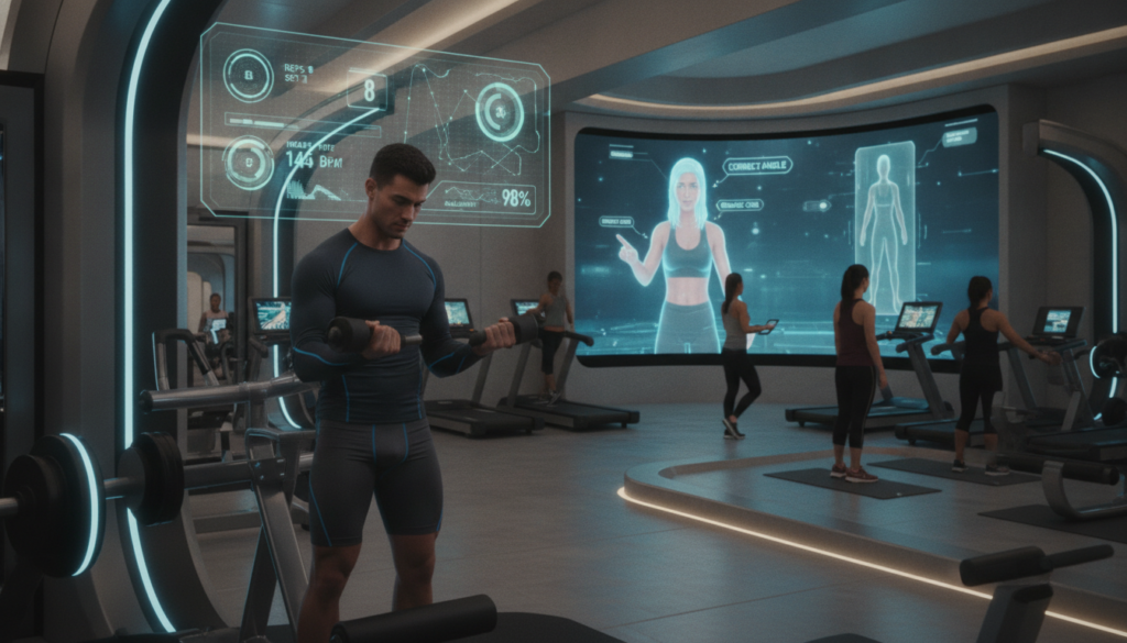 A modern gym interior with sleek equipment, featuring advanced AI technology displays. In the foreground, a fit individual in smart athletic wear uses a weight machine, guided by an AI interface projecting real-time data metrics above them. The middle ground highlights a virtual coach avatar on a screen providing personalized feedback and adjustments, emphasizing the concept of AI spotting. In the background, various workout stations with engaged gym-goers using innovative fitness apps on tablets and smartwatches, creating a bustling yet focused atmosphere. Soft, diffused lighting enhances the space, while a medium angle captures the dynamic environment, fostering a sense of energy and motivation in AI-powered fitness.
