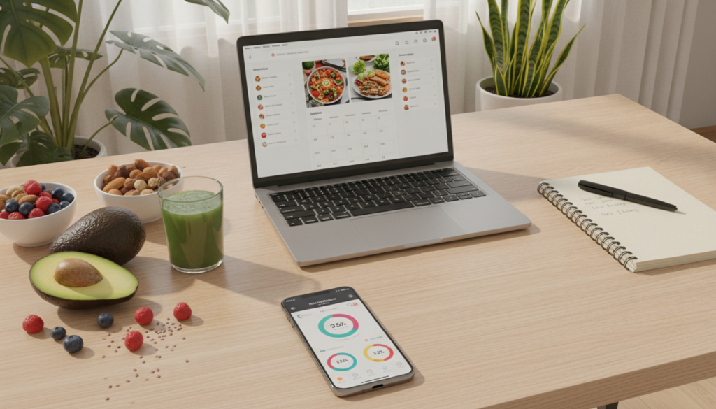 A modern workspace showcasing cutting-edge wellness technology for nutrition tracking. In the foreground, a sleek smartphone displays a colorful app interface featuring a nutrition tracking dashboard, surrounded by lively healthy foods like avocados, berries, and nuts. In the middle, a stylish laptop is open, displaying a meal planning app, with a notepad and pen alongside for jotting down notes. The background features a serene indoor environment with potted plants and soft natural light filtering through a window, creating a calm atmosphere. The image should be taken from an overhead angle to capture the harmonious arrangement of technology and healthy living, conveying a sense of balance and motivation for daily wellness routines.
