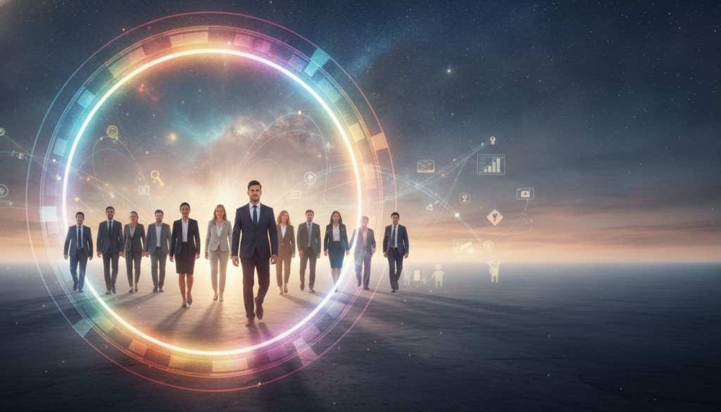 A serene and ethereal landscape depicting a vibrant, kaleidoscopic portal in the foreground, symbolizing quantum manifestation and reality creation. Within the portal, figures in professional business attire, embodying diverse physical traits, ages, and backgrounds, are shown stepping confidently into their envisioned identities, illuminated by soft, golden light. The middle ground features abstract elements like swirling cosmic patterns and luminous energy waves that connect the figures to their aspirations. In the background, a tranquil, starry sky transitions into a dawn of infinite possibilities, casting a gentle, uplifting atmosphere over the scene. The composition is captured from a slightly elevated angle, creating a sense of depth and wonder, inviting viewers to explore the concept of shifting identity and achieving visions. A serene and ethereal landscape depicting a vibrant, kaleidoscopic portal in the foreground, symbolizing quantum manifestation and reality creation. Within the portal, figures in professional business attire, embodying diverse physical traits, ages, and backgrounds, are shown stepping confidently into their envisioned identities, illuminated by soft, golden light. The middle ground features abstract elements like swirling cosmic patterns and luminous energy waves that connect the figures to their aspirations. In the background, a tranquil, starry sky transitions into a dawn of infinite possibilities, casting a gentle, uplifting atmosphere over the scene. The composition is captured from a slightly elevated angle, creating a sense of depth and wonder, inviting viewers to explore the concept of shifting identity and achieving visions.