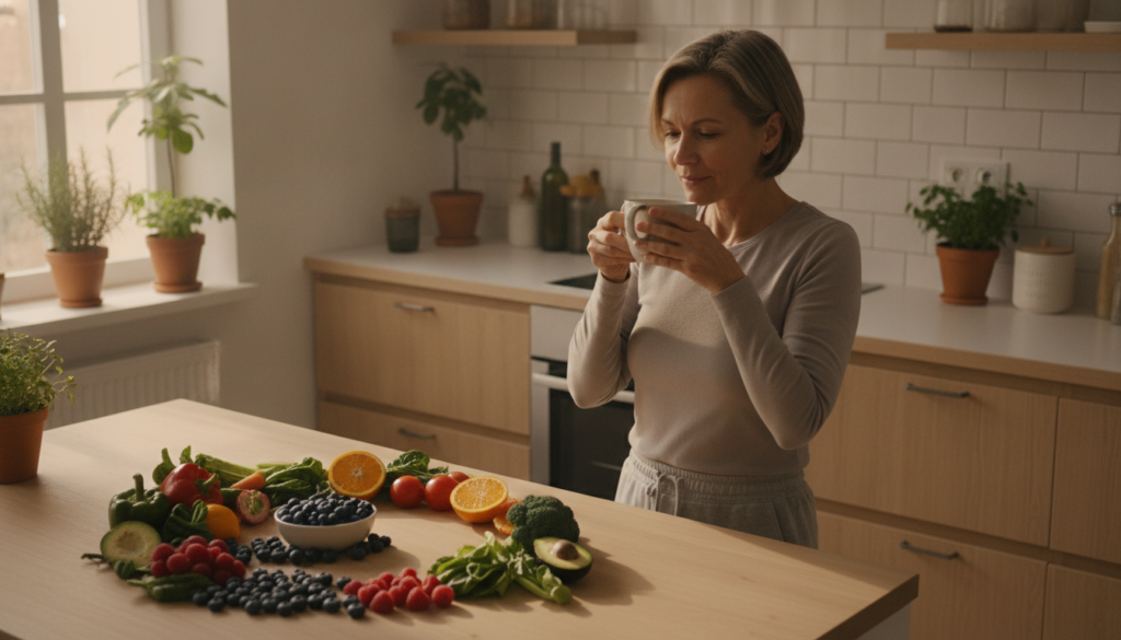 A serene and inspirational scene depicting a person practicing autophagy fasting in a minimalist kitchen. In the foreground, a middle-aged individual dressed in modest, casual fitness attire is sipping herbal tea, with a vibrant array of fresh fruits and vegetables artfully arranged on a counter beside them. The middle section features a clean, well-organized kitchen with natural wood finishes and soft morning light streaming through a window, creating a warm and inviting atmosphere. In the background, plants and herbs add a touch of greenery, symbolizing vitality and health. The composition emphasizes tranquility and mindful living, capturing the essence of integrating autophagy into daily life. The lighting is soft, with a warm glow, evoking a sense of peace and well-being, shot from a slightly elevated angle.