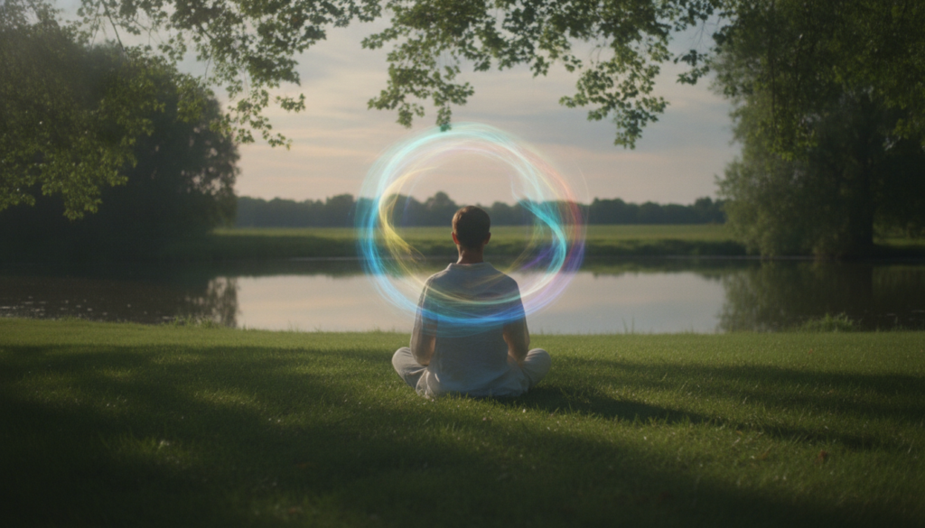 A serene and meditative scene depicting an individual seated cross-legged on a soft, grassy landscape, adorned in modest, casual clothing. The person is surrounded by a colorful, swirling aura that radiates various vibrant colors—blues, greens, yellows, and purples—symbolizing different energies and emotions. In the foreground, ethereal light filters through the leaves of nearby trees, casting gentle shadows. The middle ground features a tranquil pond reflecting the colors of the aura, enhancing the sense of harmony. The background showcases a soft, pastel sky at sunset, creating a peaceful ambiance. The overall mood is one of calm introspection and spiritual connection, inviting viewers to explore the concept of intuitive awareness. Soft, diffused lighting adds to the mystical atmosphere.