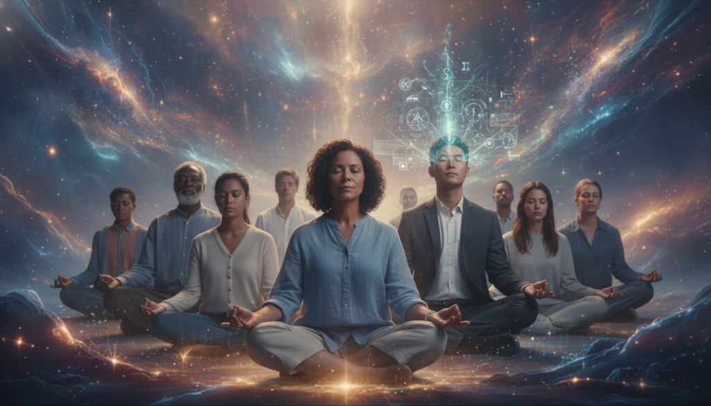 A serene, contemplative scene depicting a diverse group of individuals, including different ages and ethnic backgrounds, engaged in a meditative state within a vibrant, ethereal environment. In the foreground, a middle-aged woman in modest casual attire sits cross-legged with her eyes closed, surrounded by a soft glow of energy. In the middle ground, a young man in business attire is visualizing intentions, with swirling patterns of light illustrating his thoughts. The background features a dreamy landscape of abstract shapes and cosmic elements, symbolizing the vastness of possibilities and quantum energy. Soft, diffused lighting bathes the scene in warm hues, creating a tranquil atmosphere that evokes a sense of enlightenment and intentional living, captured from a slightly elevated angle to encapsulate the entire setting. A serene, contemplative scene depicting a diverse group of individuals, including different ages and ethnic backgrounds, engaged in a meditative state within a vibrant, ethereal environment. In the foreground, a middle-aged woman in modest casual attire sits cross-legged with her eyes closed, surrounded by a soft glow of energy. In the middle ground, a young man in business attire is visualizing intentions, with swirling patterns of light illustrating his thoughts. The background features a dreamy landscape of abstract shapes and cosmic elements, symbolizing the vastness of possibilities and quantum energy. Soft, diffused lighting bathes the scene in warm hues, creating a tranquil atmosphere that evokes a sense of enlightenment and intentional living, captured from a slightly elevated angle to encapsulate the entire setting.