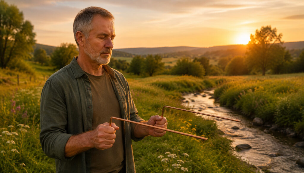 A serene countryside setting during golden hour, featuring a focused individual in modest casual clothing, wielding dowsing rods with intention and concentration. In the foreground, the dowsing rods gracefully extend outwards, catching the warm sunlight. The middle ground reveals a lush green field dotted with wildflowers, while a gently flowing stream adds tranquility to the scene. In the background, soft rolling hills fade into a pastel sky, enhancing the feeling of calm. The lighting is warm and inviting, casting gentle shadows. The composition is captured at eye-level, emphasizing the connection between the individual and the earth, evoking a mood of introspection and spiritual exploration. A serene countryside setting during golden hour, featuring a focused individual in modest casual clothing, wielding dowsing rods with intention and concentration. In the foreground, the dowsing rods gracefully extend outwards, catching the warm sunlight. The middle ground reveals a lush green field dotted with wildflowers, while a gently flowing stream adds tranquility to the scene. In the background, soft rolling hills fade into a pastel sky, enhancing the feeling of calm. The lighting is warm and inviting, casting gentle shadows. The composition is captured at eye-level, emphasizing the connection between the individual and the earth, evoking a mood of introspection and spiritual exploration.
