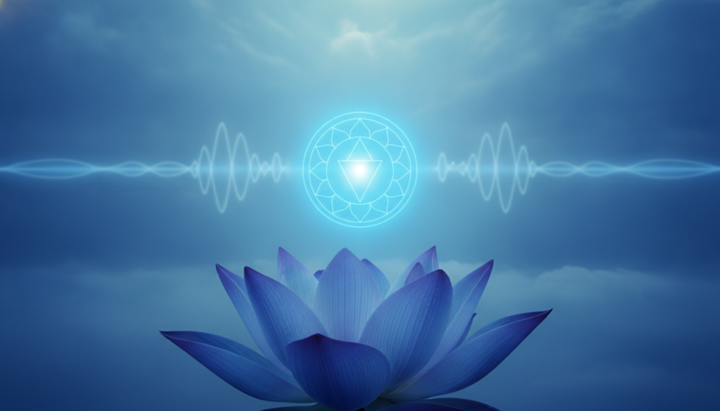 A serene representation of the throat chakra, featuring a luminous blue light symbolizing communication and expression. In the foreground, an elegant lotus flower in vivid shades of azure and indigo, with petals gracefully unfurling to symbolize openness. The middle ground showcases gentle waves of energy radiating outward from the lotus, depicting the sounds of authentic communication. The background features a tranquil celestial sky, with soft clouds and a shimmering gradient from deep blue to light turquoise, enhancing the feeling of peaceful energy. The lighting is soft and ethereal, casting a warm glow on the flower and energy waves. The atmosphere is calm and inviting, evoking a sense of clarity and self-expression. The composition is balanced, drawing the viewer’s eye towards the vibrant throat chakra symbol at the center. A serene representation of the throat chakra, featuring a luminous blue light symbolizing communication and expression. In the foreground, an elegant lotus flower in vivid shades of azure and indigo, with petals gracefully unfurling to symbolize openness. The middle ground showcases gentle waves of energy radiating outward from the lotus, depicting the sounds of authentic communication. The background features a tranquil celestial sky, with soft clouds and a shimmering gradient from deep blue to light turquoise, enhancing the feeling of peaceful energy. The lighting is soft and ethereal, casting a warm glow on the flower and energy waves. The atmosphere is calm and inviting, evoking a sense of clarity and self-expression. The composition is balanced, drawing the viewer’s eye towards the vibrant throat chakra symbol at the center.