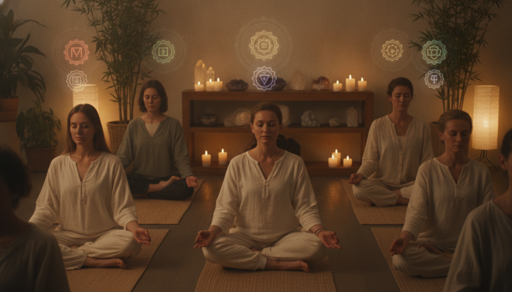 A serene scene depicting a softly lit room dedicated to chakra healing techniques. In the foreground, a diverse group of individuals in modest, comfortable clothing sit cross-legged on yoga mats, practicing meditation and gentle movements. The middle of the image features a subtle alignment of colorful chakra symbols (red, orange, yellow, green, blue, indigo, purple) above each person, glowing gently to symbolize energy flow. In the background, calming elements like plants, candles, and crystals create a tranquil atmosphere, with warm, soft lighting accentuating the peaceful mood. The camera is positioned slightly above eye level, capturing both the participants and the harmonious environment, ensuring a balance of focus on the healing process and the ambiance surrounding it. A serene scene depicting a softly lit room dedicated to chakra healing techniques. In the foreground, a diverse group of individuals in modest, comfortable clothing sit cross-legged on yoga mats, practicing meditation and gentle movements. The middle of the image features a subtle alignment of colorful chakra symbols (red, orange, yellow, green, blue, indigo, purple) above each person, glowing gently to symbolize energy flow. In the background, calming elements like plants, candles, and crystals create a tranquil atmosphere, with warm, soft lighting accentuating the peaceful mood. The camera is positioned slightly above eye level, capturing both the participants and the harmonious environment, ensuring a balance of focus on the healing process and the ambiance surrounding it.