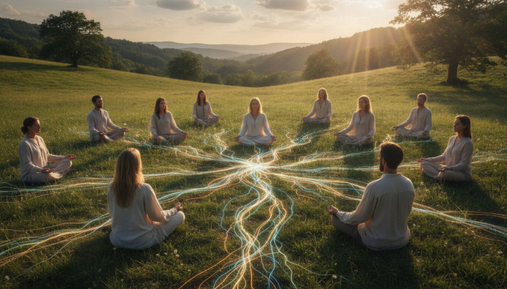A serene scene of meditation at a ley line intersection, focusing on a diverse group of individuals in modest casual clothing, seated on a lush green meadow. In the foreground, the meditators sit in peaceful postures, embodying tranquility, with a gentle glow emanating from their surroundings. In the middle, intricate patterns of energy flow, represented by soft, luminous lines intersecting beneath them, enhancing the spiritual atmosphere. The background features a breathtaking landscape of rolling hills and ancient trees, bathed in warm golden sunlight filtering through wispy clouds, invoking a sense of connection with nature. The overall mood is one of harmony and serenity, evoking the sacred energy of the Earth. Ideal for capturing the essence of engaging with Earth's hidden energies. A serene scene of meditation at a ley line intersection, focusing on a diverse group of individuals in modest casual clothing, seated on a lush green meadow. In the foreground, the meditators sit in peaceful postures, embodying tranquility, with a gentle glow emanating from their surroundings. In the middle, intricate patterns of energy flow, represented by soft, luminous lines intersecting beneath them, enhancing the spiritual atmosphere. The background features a breathtaking landscape of rolling hills and ancient trees, bathed in warm golden sunlight filtering through wispy clouds, invoking a sense of connection with nature. The overall mood is one of harmony and serenity, evoking the sacred energy of the Earth. Ideal for capturing the essence of engaging with Earth's hidden energies.