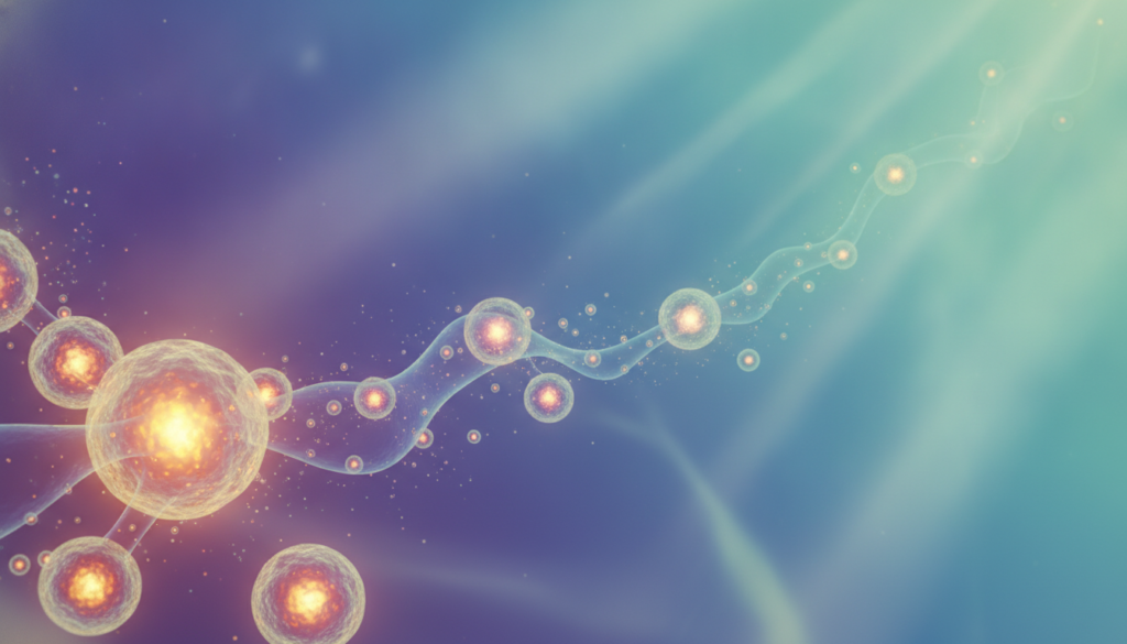 A vibrant and detailed illustration depicting the process of autophagy and cellular renewal. In the foreground, an abstract representation of healthy cells undergoing rejuvenation, with bright, glowing elements symbolizing energy and vitality. The middle layer features a gradient of colors representing the process of inner cellular cleanup and renewal, with interconnected cells illustrating fluid movement and transformation. The background showcases a soft, ethereal glow, hinting at a biological environment—think gentle greens and blues that evoke a feeling of health and rejuvenation. The lighting is soft and dynamic, resembling a scientific lab setting, with rays of light highlighting the cells, evocative of a fresh start and renewal. The mood is uplifting and enlightening, inviting viewers to understand the key benefits of cellular renewal without any text overlays or distractions.