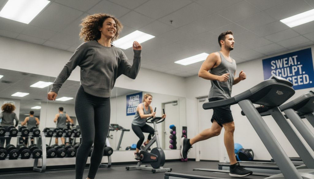 A vibrant gym scene showcasing a diverse group of individuals engaged in cardiovascular exercises for fat loss. In the foreground, a fit woman in modest athletic wear performs jumping jacks, radiating energy and determination. To her right, a man runs on a treadmill, looking focused, while another person on an exercise bike in the background pushes their limits. The gym has bright, fluorescent lighting that creates an energetic atmosphere. Large mirrors reflect the active environment, emphasizing movement and motivation. A motivational poster about fitness hangs in the background, adding an inspiring touch. The camera angle is slightly low, capturing the action and intensity of the scene, and making the subjects appear dynamic and engaged in their routines.