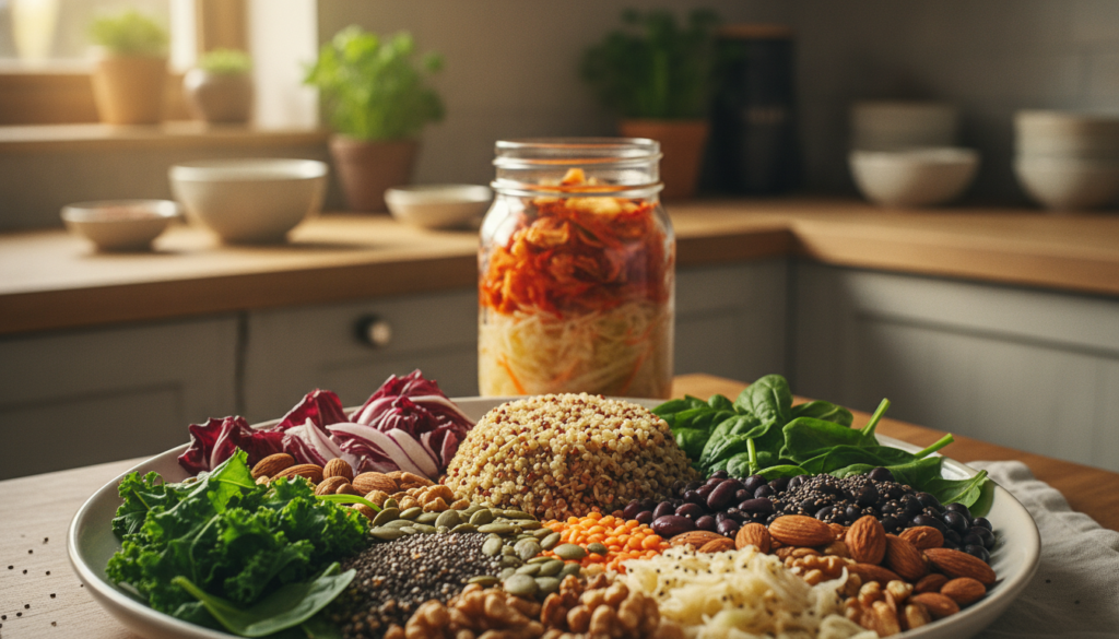 A vibrant, healthy plate filled with a colorful variety of fiber-rich foods...