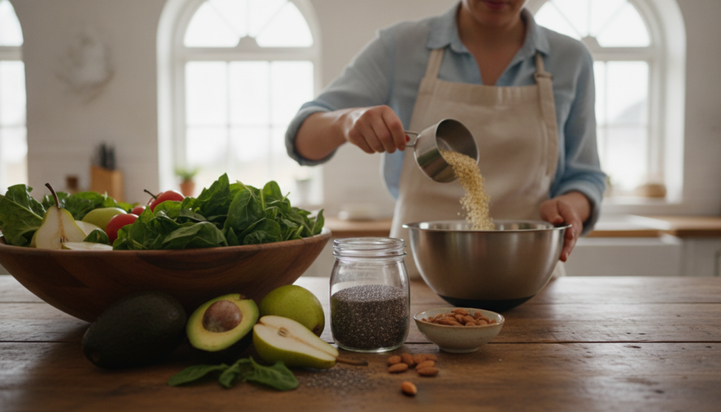 A vibrant kitchen scene showcasing a variety of high-fiber foods...