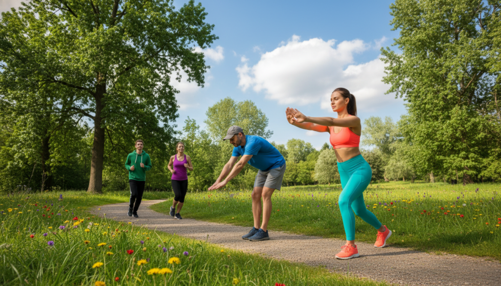 A vibrant outdoor scene depicting a diverse group of individuals engaged in warm-up exercises in a lush park setting. In the foreground, a woman in a bright athletic outfit is performing lunges, while a man in casual sportswear stretches nearby. The middle ground shows two people jogging lightly on a gravel path, surrounded by trees and blooming wildflowers. The background features a clear blue sky with soft, fluffy clouds, casting dappled sunlight through the leaves, creating a lively and invigorating atmosphere. The angle captures a wide view, emphasizing the natural beauty and energy of the setting. The overall mood is upbeat and motivational, perfect for illustrating a step-by-step warm-up routine for outdoor exercise. A vibrant outdoor scene depicting a diverse group of individuals engaged in warm-up exercises in a lush park setting. In the foreground, a woman in a bright athletic outfit is performing lunges, while a man in casual sportswear stretches nearby. The middle ground shows two people jogging lightly on a gravel path, surrounded by trees and blooming wildflowers. The background features a clear blue sky with soft, fluffy clouds, casting dappled sunlight through the leaves, creating a lively and invigorating atmosphere. The angle captures a wide view, emphasizing the natural beauty and energy of the setting. The overall mood is upbeat and motivational, perfect for illustrating a step-by-step warm-up routine for outdoor exercise.