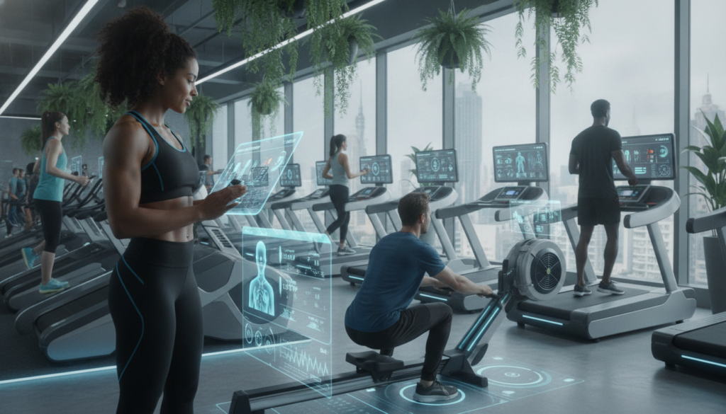 Person using a smart home gym with an AI workout app showing biometric and workout guidance on screen