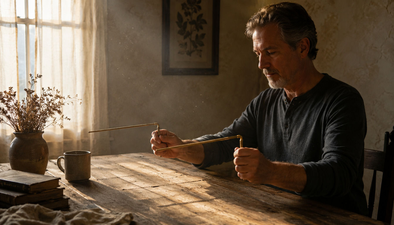 How to Use Dowsing Rods for Intuitive Readings: A Beginner's Step-by-Step Guide a quiet indoor room during the late afternoon, featuring a focused individual in modest casual clothing, seated at a wooden table, wielding L-shaped dowsing rods with intention and concentration. In the foreground, the dowsing rods gracefully extend outwards over the tabletop, catching the soft window light. The middle ground reveals a weathered table surface, scattered with a few old books, a ceramic mug, and a small vase of dried flowers, while a faint, dust-mote-filled beam of light adds tranquility to the scene. In the background, a plain plaster wall with a single framed botanical print and a tall window with sheer curtains fades into soft shadow, enhancing the feeling of calm. The lighting is warm and inviting, casting gentle shadows across the table and hands. The composition is captured at eye level, emphasizing the connection between the individual and the table before them, evoking a mood of introspection and spiritual exploration.