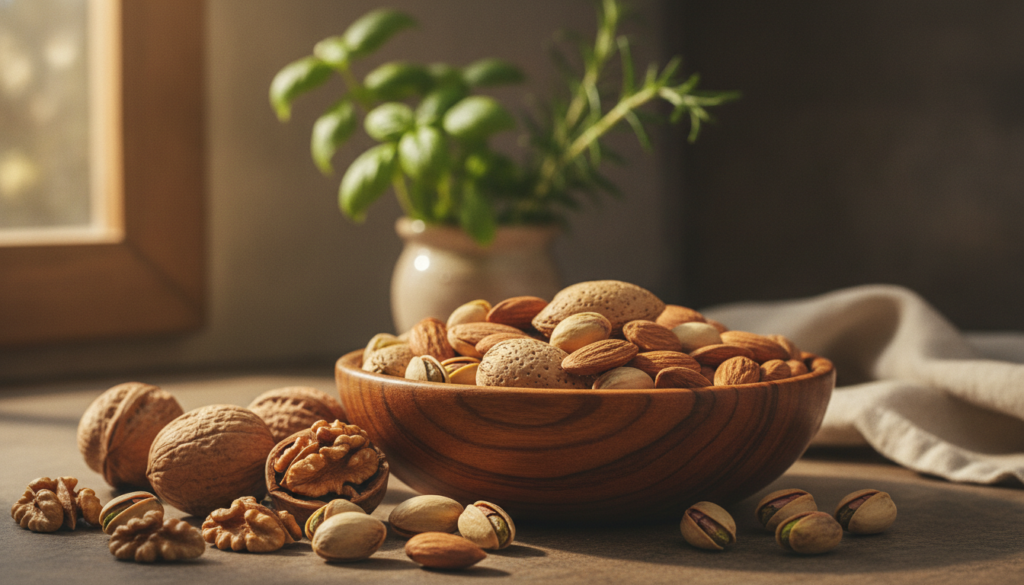 A beautifully arranged assortment of cholesterol-friendly nuts, such as walnuts, almonds, and pistachios, displayed in an elegant wooden bowl. In the foreground, the nuts are freshly shelled, showcasing their rich textures and natural colors, with some whole and others halved to reveal their inner goodness. The middle ground features a soft-focus background of a rustic kitchen countertop with leafy green herbs and a light-colored cloth, enhancing a wholesome atmosphere. Warm, natural sunlight streams in from a nearby window, creating gentle highlights and shadows that emphasize the nuts' textures and color tones. The scene is vibrant and inviting, perfectly embodying health and wellness, with an emphasis on nutritious choices for heart health.