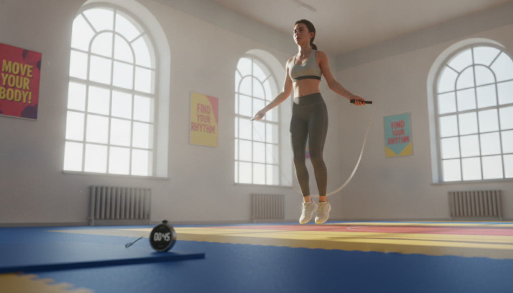 A beginner-friendly jump rope workout scene set in a bright, airy gym. In the foreground, a young adult woman in comfortable workout attire is focused on her jump rope technique, mid-jump with a determined expression. The middle ground features a colorful gym floor with a visible stopwatch on the ground, indicating interval training. In the background, large windows let in sunlight, illuminating the space and creating a warm atmosphere. On the walls, motivational fitness posters add energy to the scene. The lighting is bright and inspiring, capturing a vibrant and playful mood. The angle is slightly low to elevate the action of the jump, emphasizing movement and engagement without any text or distractions. A beginner-friendly jump rope workout scene set in a bright, airy gym. In the foreground, a young adult woman in comfortable workout attire is focused on her jump rope technique, mid-jump with a determined expression. The middle ground features a colorful gym floor with a visible stopwatch on the ground, indicating interval training. In the background, large windows let in sunlight, illuminating the space and creating a warm atmosphere. On the walls, motivational fitness posters add energy to the scene. The lighting is bright and inspiring, capturing a vibrant and playful mood. The angle is slightly low to elevate the action of the jump, emphasizing movement and engagement without any text or distractions.