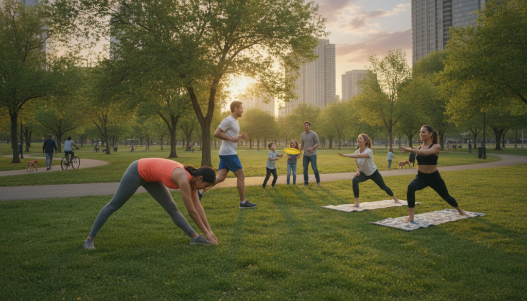 A busy urban park scene at sunrise, featuring diverse people of various ages engaged in different physical activities that inspire an active lifestyle. In the foreground, a woman in comfortable athletic wear stretches, and a man jogs past her. In the middle, a family plays frisbee, and a couple practices yoga on mats, showing teamwork and balance. The background reveals a vibrant city skyline, with trees and walking paths that suggest accessibility and community. The early morning light casts a warm glow, creating an inviting and energetic atmosphere. Use a wide-angle lens to capture the lively interaction among individuals, emphasizing the harmony between exercise and everyday life. A busy urban park scene at sunrise, featuring diverse people of various ages engaged in different physical activities that inspire an active lifestyle. In the foreground, a woman in comfortable athletic wear stretches, and a man jogs past her. In the middle, a family plays frisbee, and a couple practices yoga on mats, showing teamwork and balance. The background reveals a vibrant city skyline, with trees and walking paths that suggest accessibility and community. The early morning light casts a warm glow, creating an inviting and energetic atmosphere. Use a wide-angle lens to capture the lively interaction among individuals, emphasizing the harmony between exercise and everyday life.