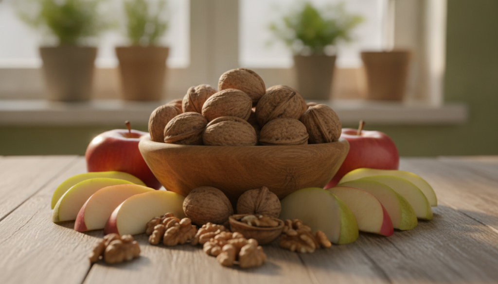 A close-up composition of a healthy snack setup featuring walnuts in a wooden bowl, capturing their rich, textured surfaces and natural colors. In the foreground, a handful of shelled walnuts spills onto a rustic wooden table, emphasizing their organic appeal. In the middle, slices of fresh fruit, like apples and pears, are arranged artfully around the bowl, symbolizing balance in a heart-healthy diet. The background features a softly blurred kitchen setting with greenery, highlighting a warm and inviting atmosphere. The lighting is bright and natural, illuminating the walnuts' intricate details while casting gentle shadows, creating a serene mood that reflects health and vitality. A close-up composition of a healthy snack setup featuring walnuts in a wooden bowl, capturing their rich, textured surfaces and natural colors. In the foreground, a handful of shelled walnuts spills onto a rustic wooden table, emphasizing their organic appeal. In the middle, slices of fresh fruit, like apples and pears, are arranged artfully around the bowl, symbolizing balance in a heart-healthy diet. The background features a softly blurred kitchen setting with greenery, highlighting a warm and inviting atmosphere. The lighting is bright and natural, illuminating the walnuts' intricate details while casting gentle shadows, creating a serene mood that reflects health and vitality.
