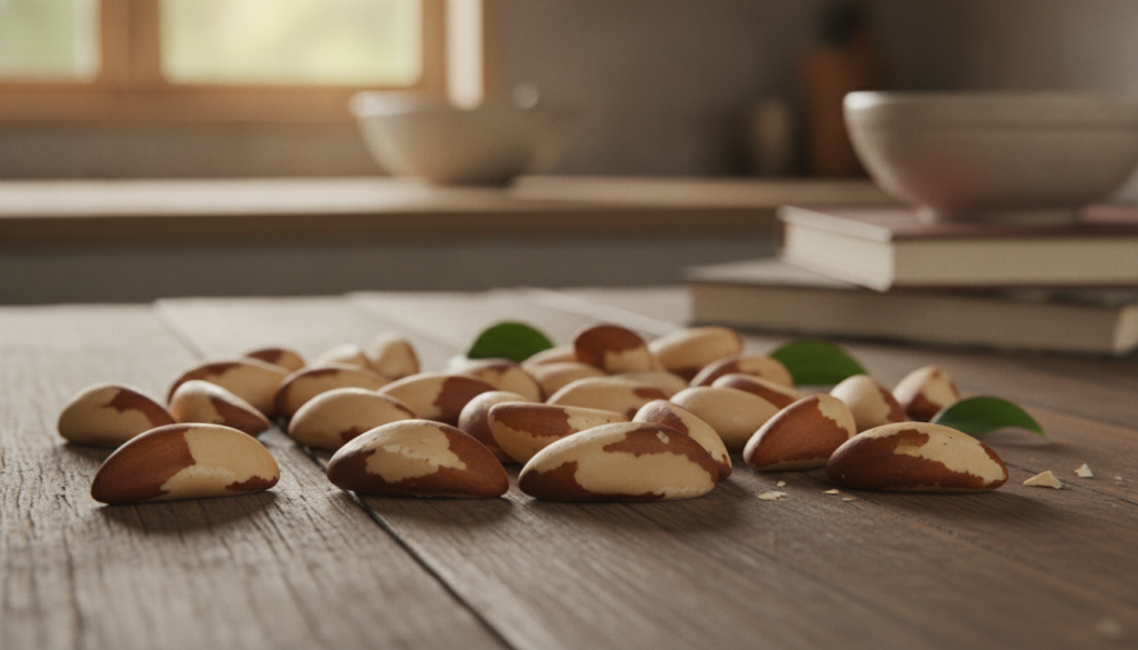 A close-up image featuring a cluster of Brazil nuts scattered on a textured wooden surface, emphasizing their unique shape and speckled brown and cream coloration. The foreground showcases the nuts in sharp focus, highlighting their glossy appeal and natural imperfections. In the middle ground, a delicate hint of green leaves and slightly crushed shells adds a touch of freshness, suggesting their natural habitat. The background softly fades into a blurred, warm-toned kitchen setting, infusing the scene with a cozy, inviting atmosphere. Soft, diffused lighting illuminates the nuts, accentuating their richness and creating gentle shadows, evoking a sense of health and nourishment. The overall mood is calm and inviting, perfect for showcasing the nutritional value of Brazil nuts.