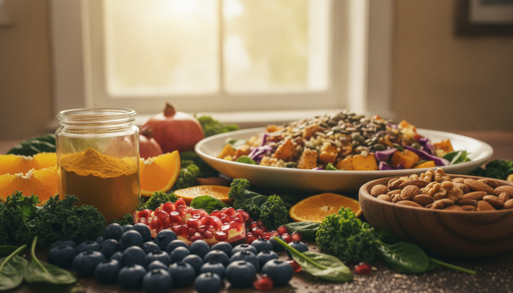 A close-up view of a vibrant table filled with colorful, nutrient-rich foods arranged artistically, symbolizing an anti-inflammatory nutrition plan. In the foreground, fresh fruits like blueberries, pomegranates, and oranges mingle with leafy greens such as kale and spinach. A glass jar of golden turmeric and a bowl of nuts add warmth and texture. The middle ground features a softly glowing, healthy dish, perhaps a vibrant salad, with a sprinkle of seeds on top. In the background, a gentle light filters through a window, casting a soft halo effect that enhances the organic feel, suitable for promoting cellular wellness and healthy aging. A close-up view of a vibrant table filled with colorful, nutrient-rich foods arranged artistically, symbolizing an anti-inflammatory nutrition plan. In the foreground, fresh fruits like blueberries, pomegranates, and oranges mingle with leafy greens such as kale and spinach. A glass jar of golden turmeric and a bowl of nuts add warmth and texture. The middle ground features a softly glowing, healthy dish, perhaps a vibrant salad, with a sprinkle of seeds on top. In the background, a gentle light filters through a window, casting a soft halo effect that enhances the organic feel, suitable for promoting cellular wellness and healthy aging.