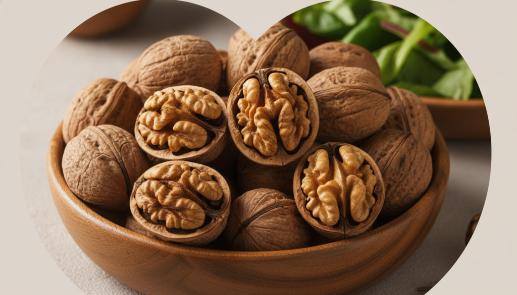 A close-up view of a wooden bowl filled with a variety of walnuts, showcasing whole walnuts with their shells and shelled walnut halves, arranged artfully to highlight their texture and rich colors. In the background, softly blurred vibrant greens from leafy salad ingredients suggest a healthy meal setting. Natural light filters in from the left, casting gentle shadows and creating a warm, inviting atmosphere. A delicate, minimalist design enhances the focus on the walnuts, symbolizing their heart-healthy benefits. The composition should inspire feelings of wellness and nutrition, with an emphasis on the wholesome nature of this superfood. A close-up view of a wooden bowl filled with a variety of walnuts, showcasing whole walnuts with their shells and shelled walnut halves, arranged artfully to highlight their texture and rich colors. In the background, softly blurred vibrant greens from leafy salad ingredients suggest a healthy meal setting. Natural light filters in from the left, casting gentle shadows and creating a warm, inviting atmosphere. A delicate, minimalist design enhances the focus on the walnuts, symbolizing their heart-healthy benefits. The composition should inspire feelings of wellness and nutrition, with an emphasis on the wholesome nature of this superfood.