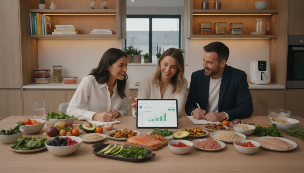 A contemporary kitchen scene illustrating metabolic health and personalized eating. In the foreground, a wooden table displays an array of colorful, healthy foods: fresh fruits, vegetables, whole grains, and protein sources in neat portions. A digital device, like a tablet or smartphone, shows a nutritional app screen displaying progress metrics. The middle ground features a diverse group of individuals, dressed in smart casual attire, engaged in collaborative discussion while taking notes from the device. The background includes shelving with cookbooks and meal prep containers, softly lit with warm, ambient lighting, creating a welcoming atmosphere. The image conveys a sense of teamwork and focus on health, emphasizing the importance of monitoring dietary strategies and making personalized adjustments for wellness.