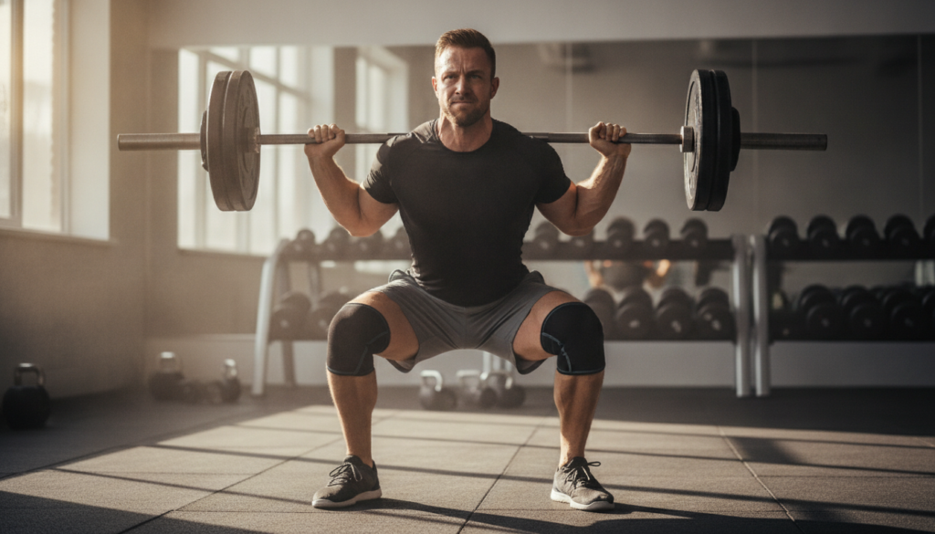 A determined athlete performing a set of muscle-building squats in a well-lit gym, showcasing their focused expression and strong posture. In the foreground, capture the athlete's feet firmly planted on the gym floor, emphasizing their stability. The middle ground should feature the athlete's upper body in motion, highlighting the tension in their muscles as they lower into the squat, sweat glistening on their brow to indicate effort. The background can include gym equipment like weights and mirrors, slightly blurred to keep the focus on the athlete. Utilize natural lighting coming from large windows, creating an energetic and motivational atmosphere, with a slight emphasis on the depth of field to draw the viewer's eye toward the athlete’s intense effort. A determined athlete performing a set of muscle-building squats in a well-lit gym, showcasing their focused expression and strong posture. In the foreground, capture the athlete's feet firmly planted on the gym floor, emphasizing their stability. The middle ground should feature the athlete's upper body in motion, highlighting the tension in their muscles as they lower into the squat, sweat glistening on their brow to indicate effort. The background can include gym equipment like weights and mirrors, slightly blurred to keep the focus on the athlete. Utilize natural lighting coming from large windows, creating an energetic and motivational atmosphere, with a slight emphasis on the depth of field to draw the viewer's eye toward the athlete’s intense effort.