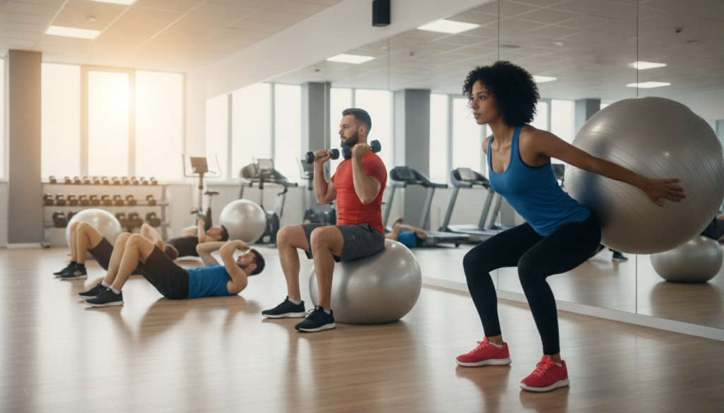 A fitness studio scene showcasing effective stability ball exercises for the legs and upper body. In the foreground, a diverse group of individuals dressed in professional athletic wear are demonstrating different exercises with stability balls. One person is performing a wall squat with a ball, while another is doing seated chest presses. In the middle ground, a few additional exercises are taking place, including leg curls and stability ball push-ups. The background features gym equipment and large mirrors reflecting the vibrant, energetic atmosphere. Soft natural lighting filters in through large windows, casting gentle shadows that enhance the dynamic movements. The overall mood is motivating, focusing on health and fitness. A fitness studio scene showcasing effective stability ball exercises for the legs and upper body. In the foreground, a diverse group of individuals dressed in professional athletic wear are demonstrating different exercises with stability balls. One person is performing a wall squat with a ball, while another is doing seated chest presses. In the middle ground, a few additional exercises are taking place, including leg curls and stability ball push-ups. The background features gym equipment and large mirrors reflecting the vibrant, energetic atmosphere. Soft natural lighting filters in through large windows, casting gentle shadows that enhance the dynamic movements. The overall mood is motivating, focusing on health and fitness.