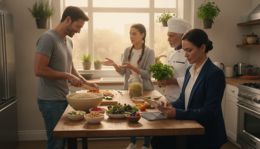 A modern kitchen setting emphasizing personalized nutrition, featuring a diverse group of individuals analyzing colorful, fresh ingredients on a wooden countertop. In the foreground, a woman in a professional business attire studies a nutrition plan on a tablet, surrounded by bowls of high-protein foods like beans, lean meats, and vibrant fruits. In the middle ground, a man in casual clothing prepares a healthy dish, showcasing whole grains and seasonal vegetables. The background features a bright window with natural light streaming in, illuminating the airy space filled with potted herbs. The atmosphere conveys collaboration and innovation, highlighting the importance of sustainable eating habits, with a warm color palette that invites a sense of health and vitality. The lens is angled slightly from above to capture the interactions and the abundance of fresh foods.