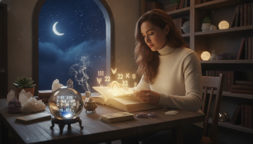 A mystical and ethereal scene depicting a person of mixed ethnicity, with long, flowing hair, seated at a wooden table covered with mystical crystals and items, intently studying a luminous book of angel numbers. Their attire is modest and professional, creating an aura of focus and serenity. In the foreground, a crystal ball reflects shimmering numbers and symbols, hinting at hidden meanings. In the middle ground, a softly glowing window opens to a starry night sky, symbolizing a connection to the universe. The background features softly illuminated shelves filled with books on numerology and spirituality, enhancing the tranquil ambiance. The scene is bathed in warm, soft lighting, evoking a sense of enlightenment and curiosity, as if inviting viewers to explore the depth of angel numbers. A mystical and ethereal scene depicting a person of mixed ethnicity, with long, flowing hair, seated at a wooden table covered with mystical crystals and items, intently studying a luminous book of angel numbers. Their attire is modest and professional, creating an aura of focus and serenity. In the foreground, a crystal ball reflects shimmering numbers and symbols, hinting at hidden meanings. In the middle ground, a softly glowing window opens to a starry night sky, symbolizing a connection to the universe. The background features softly illuminated shelves filled with books on numerology and spirituality, enhancing the tranquil ambiance. The scene is bathed in warm, soft lighting, evoking a sense of enlightenment and curiosity, as if inviting viewers to explore the depth of angel numbers.