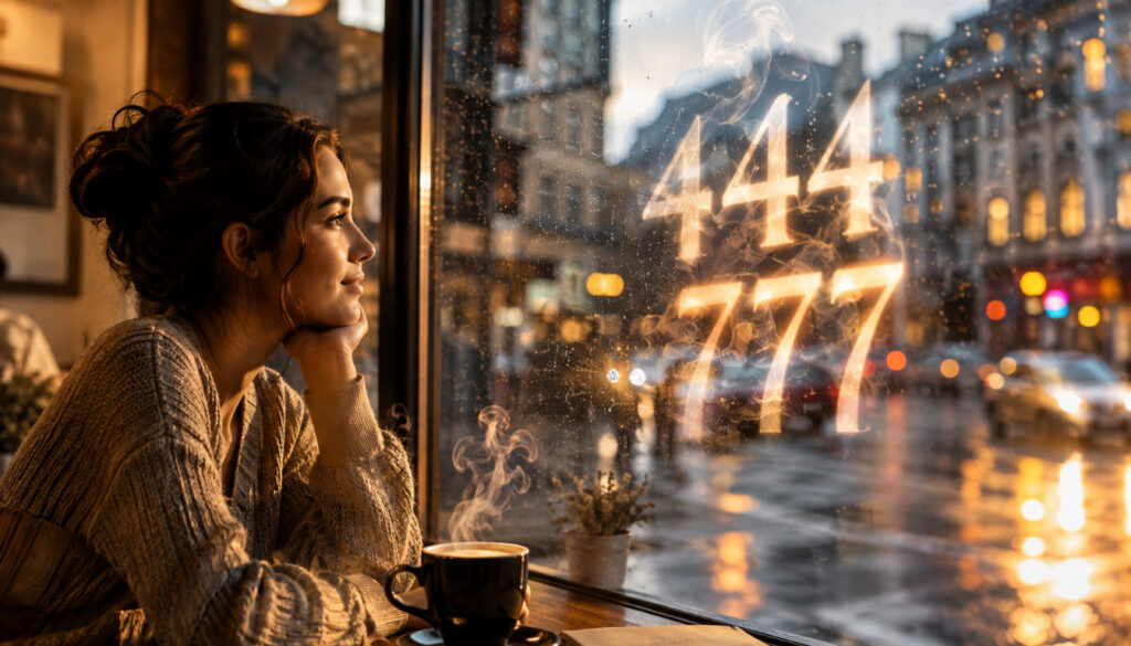 A photorealistic lifestyle image, 1344x768, shot on a 50mm lens with a shallow depth of field. A woman sits in a cozy, sun-drenched coffee shop, looking out the window. Reflected on the glass window pane, overlapping the rainy city street outside, are large, transparent glowing digits: '444' and '777'. Steam from her coffee cup curls around the numbers, making them look slightly distorted and magical. The lighting is warm and golden (golden hour), creating a serene and hopeful mood. The image captures the moment of recognizing a synchronistic sign. Editorial photography style, high contrast, sharp.