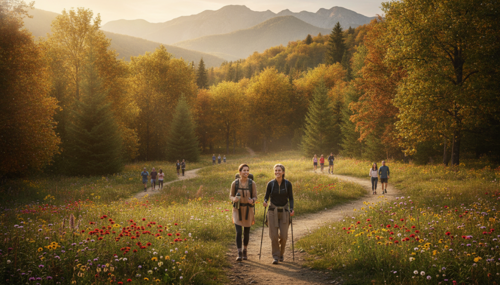 A scenic outdoor fitness setting showcasing a group of diverse individuals engaging in various activities like hiking, trail walking, and Nordic walking. In the foreground, two people clad in modest activewear, one with a backpack and the other using trekking poles, navigate a winding trail lined with vibrant wildflowers. The middle ground features a lush, green forest with tall trees displaying a mix of autumn colors, indicating a seasonal transition. In the background, distant mountains bathed in warm golden light create a serene horizon. The scene is illuminated by soft, natural sunlight filtering through the tree canopy, evoking a warm and inviting atmosphere. The overall mood is energetic yet tranquil, capturing the essence of accessible outdoor fitness across different seasons.