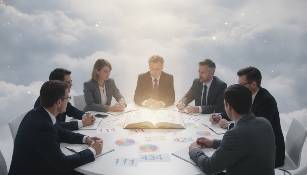 A serene and ethereal scene depicting the concept of angel numbers as a source of daily guidance and personal growth. In the foreground, a diverse group of individuals in professional attire are seated around a circular table, engaged in deep discussion, with notebooks and colorful charts featuring angel numbers scattered across the surface. In the middle, soft beams of light radiate from an open book filled with mystical symbols and numbers, illuminating the participants with a warm, inviting glow. The background features a dreamy, whimsical landscape with clouds and gentle star-like glimmers, symbolizing a connection to the spiritual realm. The overall atmosphere is peaceful and inspiring, encouraging a sense of curiosity and personal exploration. Use soft, natural lighting and a wide-angle lens to capture the expansive feeling of growth and enlightenment. A serene and ethereal scene depicting the concept of angel numbers as a source of daily guidance and personal growth. In the foreground, a diverse group of individuals in professional attire are seated around a circular table, engaged in deep discussion, with notebooks and colorful charts featuring angel numbers scattered across the surface. In the middle, soft beams of light radiate from an open book filled with mystical symbols and numbers, illuminating the participants with a warm, inviting glow. The background features a dreamy, whimsical landscape with clouds and gentle star-like glimmers, symbolizing a connection to the spiritual realm. The overall atmosphere is peaceful and inspiring, encouraging a sense of curiosity and personal exploration. Use soft, natural lighting and a wide-angle lens to capture the expansive feeling of growth and enlightenment.