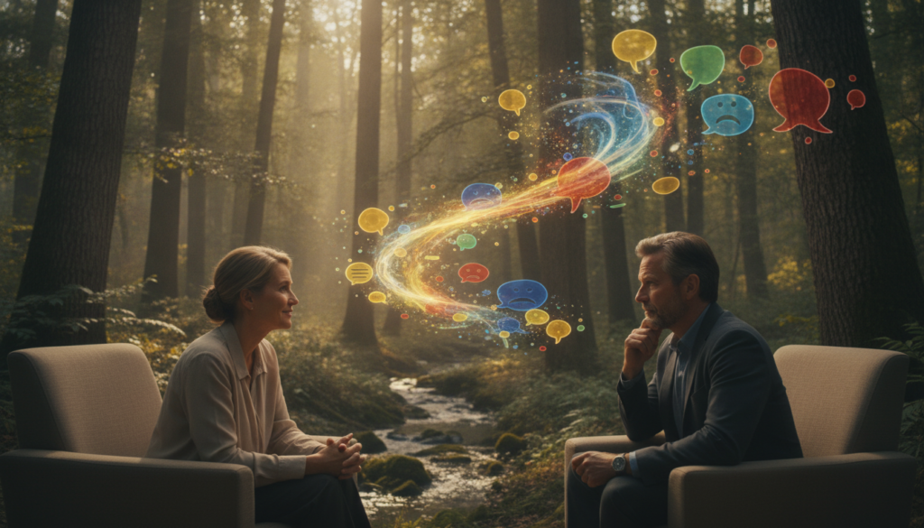 A serene and introspective scene depicting the intricate relationship between words and emotions. In the foreground, a diverse group of three adults—two women and one man, dressed in professional attire—are engaged in a thoughtful discussion, their expressions conveying empathy and understanding. The middle ground features a swirling visual representation of colorful speech bubbles intertwined with abstract shapes that symbolize various emotions—joy, sadness, anger, and peace—flowing around them. The background consists of a tranquil nature setting, with soft sun rays filtering through lush trees, creating a warm and inviting atmosphere. The lighting is soft and diffused, enhancing the emotional depth of the scene, while a shallow depth of field draws focus to the individuals' faces and the emotive speech bubbles. The overall mood is reflective and harmonious, illustrating the power of language in shaping our perceptions and feelings. A serene and introspective scene depicting the intricate relationship between words and emotions. In the foreground, a diverse group of three adults—two women and one man, dressed in professional attire—are engaged in a thoughtful discussion, their expressions conveying empathy and understanding. The middle ground features a swirling visual representation of colorful speech bubbles intertwined with abstract shapes that symbolize various emotions—joy, sadness, anger, and peace—flowing around them. The background consists of a tranquil nature setting, with soft sun rays filtering through lush trees, creating a warm and inviting atmosphere. The lighting is soft and diffused, enhancing the emotional depth of the scene, while a shallow depth of field draws focus to the individuals' faces and the emotive speech bubbles. The overall mood is reflective and harmonious, illustrating the power of language in shaping our perceptions and feelings.