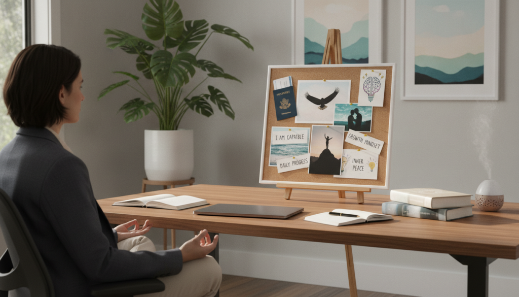 A serene and inviting home office space, symbolizing "subconscious mind training." In the foreground, a person in professional attire, sitting at a desk, engaged in meditation while surrounded by open books on psychology and habit formation. Soft natural light streams through a nearby window, creating a warm atmosphere. In the middle ground, a vision board filled with uplifting images and affirmations, representing goals and aspirations. The background features a tranquil indoor plant and calming artwork on the walls, emphasizing a peaceful environment for self-reflection and growth. The overall mood conveys a sense of focus and tranquility, perfect for a daily mind reprogramming routine. A serene and inviting home office space, symbolizing "subconscious mind training." In the foreground, a person in professional attire, sitting at a desk, engaged in meditation while surrounded by open books on psychology and habit formation. Soft natural light streams through a nearby window, creating a warm atmosphere. In the middle ground, a vision board filled with uplifting images and affirmations, representing goals and aspirations. The background features a tranquil indoor plant and calming artwork on the walls, emphasizing a peaceful environment for self-reflection and growth. The overall mood conveys a sense of focus and tranquility, perfect for a daily mind reprogramming routine.