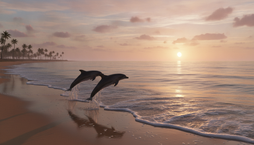 A serene beach scene at sunrise, where gentle waves lap against smooth, golden sands. In the foreground, a pair of dolphins breach playfully, their bodies glistening in the soft, amber light. The middle ground features wispy clouds tinged with pastel hues, reflecting on the calm ocean surface. In the background, silhouettes of distant palm trees sway slightly in a light breeze, adding to the tranquil ambiance. The overall atmosphere is peaceful and soothing, inviting a sense of relaxation and mindfulness. Soft lighting enhances the scene, casting gentle shadows and creating a harmonious balance. The composition captures the essence of healing music through natural, calming elements, emphasizing tranquility and serenity without distractions.