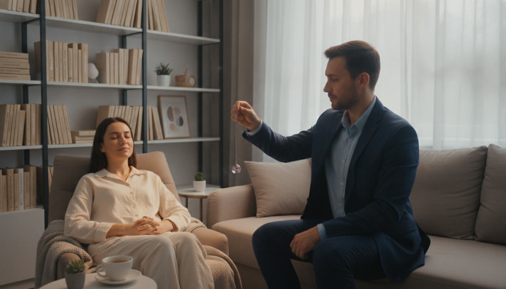 A serene clinical environment showcasing a professional hypnotherapist, dressed in a smart business suit, engaging with a relaxed patient seated in a comfortable chair. The therapist holds a pendulum, gently swaying it as soft, warm lighting envelops the room, creating a tranquil atmosphere. In the background, bookshelves filled with psychology and wellness literature add depth and context. A cushioned couch is positioned near a window that allows soft natural light to filter through sheer curtains, enhancing the calming effect. The overall mood is one of calm focus and trust, blending elements of traditional clinical practice with subtle hints of spiritual exploration. The angle captures both the therapist and the patient, emphasizing their connection and the therapeutic setting. A serene clinical environment showcasing a professional hypnotherapist, dressed in a smart business suit, engaging with a relaxed patient seated in a comfortable chair. The therapist holds a pendulum, gently swaying it as soft, warm lighting envelops the room, creating a tranquil atmosphere. In the background, bookshelves filled with psychology and wellness literature add depth and context. A cushioned couch is positioned near a window that allows soft natural light to filter through sheer curtains, enhancing the calming effect. The overall mood is one of calm focus and trust, blending elements of traditional clinical practice with subtle hints of spiritual exploration. The angle captures both the therapist and the patient, emphasizing their connection and the therapeutic setting.