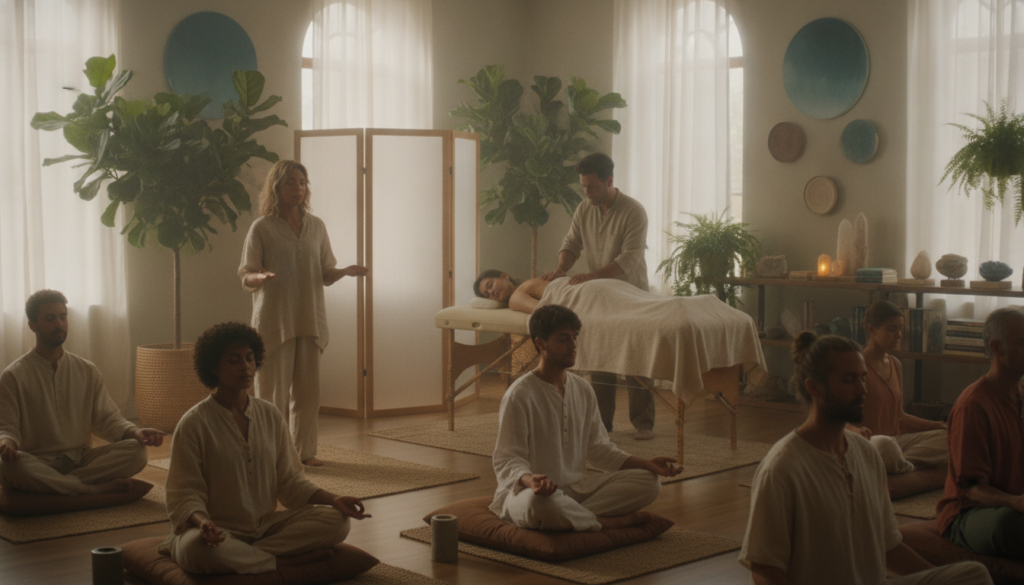 A serene holistic healing space featuring a tranquil meditation room. In the foreground, a diverse group of individuals in modest, casual clothing is seated comfortably on soft mats, engaging in guided meditation. The middle ground shows a skilled practitioner performing a gentle massage on a client, who appears relaxed and at peace. Soft, natural light filters in through large windows adorned with sheer curtains, casting gentle shadows throughout the room. In the background, potted plants and calming artworks enhance the atmosphere of wellness and relaxation. The color palette is soft and warm, dominated by earth tones and soothing greens, promoting a sense of harmony and stress relief. The overall mood is tranquil, inviting, and rejuvenating. A serene holistic healing space featuring a tranquil meditation room. In the foreground, a diverse group of individuals in modest, casual clothing is seated comfortably on soft mats, engaging in guided meditation. The middle ground shows a skilled practitioner performing a gentle massage on a client, who appears relaxed and at peace. Soft, natural light filters in through large windows adorned with sheer curtains, casting gentle shadows throughout the room. In the background, potted plants and calming artworks enhance the atmosphere of wellness and relaxation. The color palette is soft and warm, dominated by earth tones and soothing greens, promoting a sense of harmony and stress relief. The overall mood is tranquil, inviting, and rejuvenating.