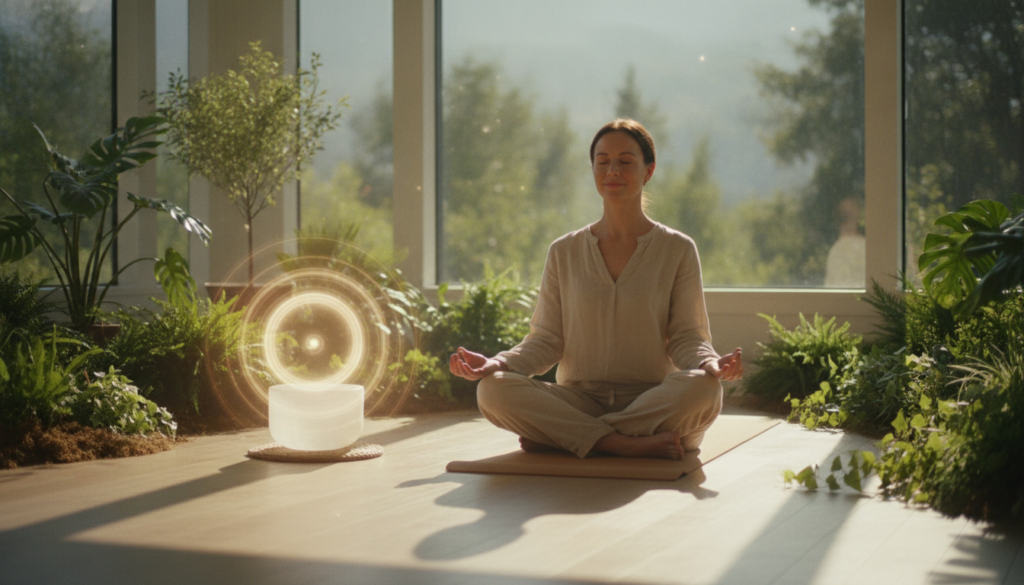 A serene, peaceful scene embodying "body-mind harmony." In the foreground, a person in modest casual clothing is meditating on a soft yoga mat, surrounded by lush greenery, representing tranquility. Their posture is relaxed, with hands resting gently on their knees, eyes closed in deep concentration. In the middle ground, a softly glowing crystal bowl emits calming vibrations, creating a gentle aura of light that enhances the connection. The background features a tranquil indoor space with large windows allowing natural light to pour in, illuminating the wooden flooring and scattering soft shadows. The overall mood is harmonious and soothing, radiating a sense of balance and relaxation, inviting viewers to envision a comforting and restorative atmosphere. A serene, peaceful scene embodying "body-mind harmony." In the foreground, a person in modest casual clothing is meditating on a soft yoga mat, surrounded by lush greenery, representing tranquility. Their posture is relaxed, with hands resting gently on their knees, eyes closed in deep concentration. In the middle ground, a softly glowing crystal bowl emits calming vibrations, creating a gentle aura of light that enhances the connection. The background features a tranquil indoor space with large windows allowing natural light to pour in, illuminating the wooden flooring and scattering soft shadows. The overall mood is harmonious and soothing, radiating a sense of balance and relaxation, inviting viewers to envision a comforting and restorative atmosphere.