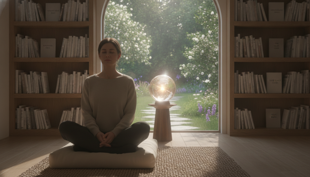 A serene, softly lit room designed for self-hypnosis and subconscious reprogramming. In the foreground, a focused individual in modest casual clothing, seated cross-legged on a plush meditation mat, eyes closed in deep concentration. Their posture is relaxed yet attentive, embodying tranquility. In the middle ground, a gently glowing crystal ball emits a calming light, symbolizing clarity and inner awareness. Shelves filled with books on mindfulness and personal development line the wall. The background features a large window, revealing a peaceful garden with lush greenery and soft sunlight filtering through, enhancing the mood of serenity. The overall atmosphere is one of calm introspection, inviting viewers to embrace the possibilities of mental transformation through daily practices. A serene, softly lit room designed for self-hypnosis and subconscious reprogramming. In the foreground, a focused individual in modest casual clothing, seated cross-legged on a plush meditation mat, eyes closed in deep concentration. Their posture is relaxed yet attentive, embodying tranquility. In the middle ground, a gently glowing crystal ball emits a calming light, symbolizing clarity and inner awareness. Shelves filled with books on mindfulness and personal development line the wall. The background features a large window, revealing a peaceful garden with lush greenery and soft sunlight filtering through, enhancing the mood of serenity. The overall atmosphere is one of calm introspection, inviting viewers to embrace the possibilities of mental transformation through daily practices.