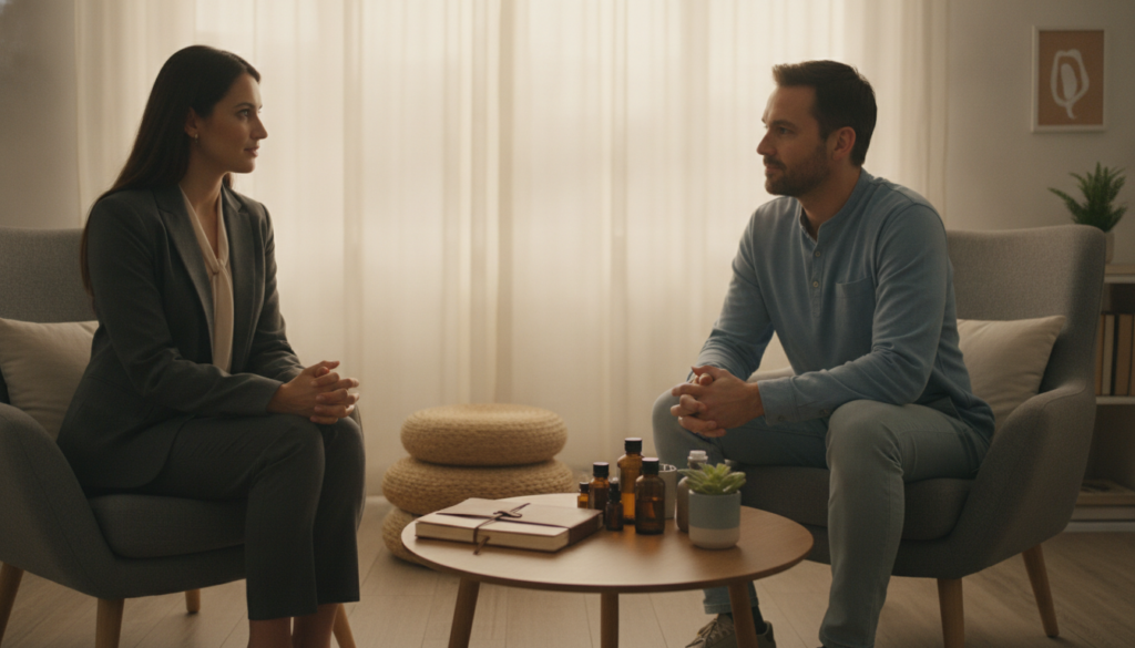 A serene therapy room set up for mental health treatment and holistic wellness. In the foreground, a calm therapist in business attire is seated on a comfortable chair, engaged in deep discussion with a client. The client, dressed in modest casual clothing, appears relaxed and attentive, reflecting a sense of openness to healing. In the middle ground, a small table holds various wellness tools such as meditation cushions, a journal, essential oils, and a small plant, symbolizing holistic practices. The background features soft, warm lighting that creates a peaceful atmosphere, with gentle sunlight filtering through sheer curtains. The overall mood is one of tranquility and concentration, emphasizing the integration of clinical hypnosis and spiritual wellness. The scene is captured with a shallow depth of field, focusing on the interaction between the therapist and client while blurring the background for a sense of intimacy. A serene therapy room set up for mental health treatment and holistic wellness. In the foreground, a calm therapist in business attire is seated on a comfortable chair, engaged in deep discussion with a client. The client, dressed in modest casual clothing, appears relaxed and attentive, reflecting a sense of openness to healing. In the middle ground, a small table holds various wellness tools such as meditation cushions, a journal, essential oils, and a small plant, symbolizing holistic practices. The background features soft, warm lighting that creates a peaceful atmosphere, with gentle sunlight filtering through sheer curtains. The overall mood is one of tranquility and concentration, emphasizing the integration of clinical hypnosis and spiritual wellness. The scene is captured with a shallow depth of field, focusing on the interaction between the therapist and client while blurring the background for a sense of intimacy.