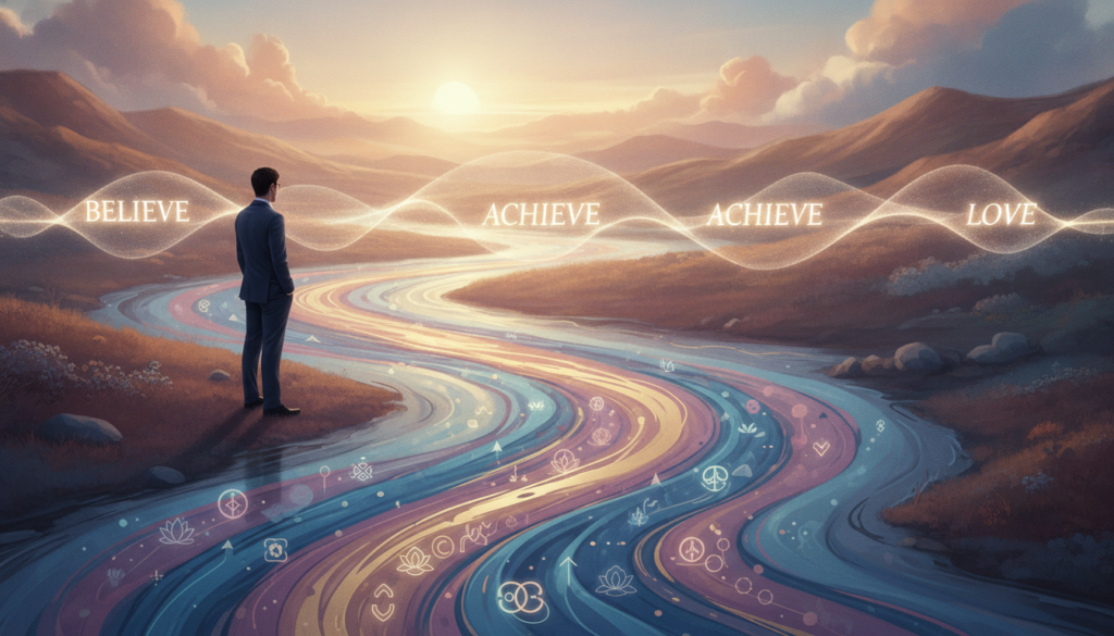 A surreal visualization of the subconscious mind, represented as a serene, flowing stream of colors and symbols, illustrating positive affirmations. In the foreground, a thoughtful figure in business attire stands beside the stream, gazing into its depths. The middle layer features ethereal waves of light, each wave containing uplifting words like "Believe," "Achieve," and "Love," floating harmoniously. The background is a dreamlike landscape with soft, muted colors, merging into a calming sunset, casting a gentle glow on the scene. Warm, soft lighting envelops the image, creating an atmosphere of tranquility and introspection. The angle captures the essence of reflection and connection with one’s inner self, inviting viewers to explore the power of words in shaping reality. A surreal visualization of the subconscious mind, represented as a serene, flowing stream of colors and symbols, illustrating positive affirmations. In the foreground, a thoughtful figure in business attire stands beside the stream, gazing into its depths. The middle layer features ethereal waves of light, each wave containing uplifting words like "Believe," "Achieve," and "Love," floating harmoniously. The background is a dreamlike landscape with soft, muted colors, merging into a calming sunset, casting a gentle glow on the scene. Warm, soft lighting envelops the image, creating an atmosphere of tranquility and introspection. The angle captures the essence of reflection and connection with one’s inner self, inviting viewers to explore the power of words in shaping reality.