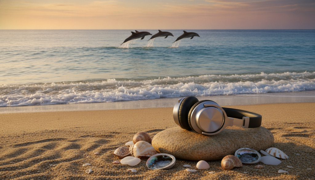 A tranquil scene depicting a serene coastal environment designed for stress reduction and relaxation. In the foreground, a pair of high-quality headphones rests on a smooth, sunlit rock, surrounded by delicate seashells and soft beach sand. In the middle ground, gentle ocean waves softly lap against the shore, creating a soothing soundscape. Dolphins can be seen playfully jumping in the background, partially submerged in clear blue water under a warm, golden sunset sky. The lighting is warm and inviting, casting a calming glow across the scene. The atmosphere evokes a sense of peace and tranquility, ideal for a space to unwind and listen to healing music, emphasizing the symbiosis of nature and sound for relaxation.