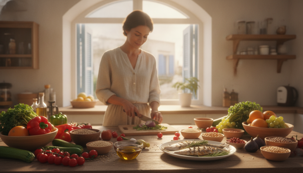 A vibrant Mediterranean kitchen filled with fresh, colorful ingredients representing a heart-healthy diet. In the foreground, a wooden table showcases a beautifully arranged assortment of vegetables, whole grains, legumes, and fruits, emphasizing the variety of the Mediterranean diet. A bowl of olive oil glistens next to a plate of grilled fish, garnished with herbs. In the middle ground, a knowledgeable individual dressed in a modest, casual outfit prepares a healthy dish, patiently chopping vegetables with care. The background reveals a sunlit window, casting soft, warm light that enhances the inviting atmosphere. Soft focus on the background draws attention to the meal preparation, creating a sense of warmth and well-being, emphasizing a practical daily habit for beginners. A vibrant Mediterranean kitchen filled with fresh, colorful ingredients representing a heart-healthy diet. In the foreground, a wooden table showcases a beautifully arranged assortment of vegetables, whole grains, legumes, and fruits, emphasizing the variety of the Mediterranean diet. A bowl of olive oil glistens next to a plate of grilled fish, garnished with herbs. In the middle ground, a knowledgeable individual dressed in a modest, casual outfit prepares a healthy dish, patiently chopping vegetables with care. The background reveals a sunlit window, casting soft, warm light that enhances the inviting atmosphere. Soft focus on the background draws attention to the meal preparation, creating a sense of warmth and well-being, emphasizing a practical daily habit for beginners.