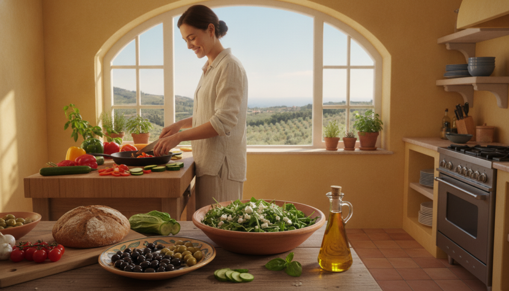 A vibrant Mediterranean-style kitchen scene filled with colorful fresh produce emphasizing healthy eating. In the foreground, a wooden table displays a beautifully arranged platter of olives, cherry tomatoes, cucumbers, whole grain bread, and a large bowl of mixed greens drizzled with olive oil. In the middle, a cheerful person in modest casual clothing prepares a healthy meal, showcasing cooking techniques using colorful vegetables. In the background, a sunlit window reveals a picturesque view of a Mediterranean landscape, complete with olive trees and blue skies. Warm, natural lighting enhances the inviting atmosphere, capturing the essence of sustainable weight loss and metabolic health. The overall mood is uplifting and inspiring, reflecting the benefits of the Mediterranean diet. A vibrant Mediterranean-style kitchen scene filled with colorful fresh produce emphasizing healthy eating. In the foreground, a wooden table displays a beautifully arranged platter of olives, cherry tomatoes, cucumbers, whole grain bread, and a large bowl of mixed greens drizzled with olive oil. In the middle, a cheerful person in modest casual clothing prepares a healthy meal, showcasing cooking techniques using colorful vegetables. In the background, a sunlit window reveals a picturesque view of a Mediterranean landscape, complete with olive trees and blue skies. Warm, natural lighting enhances the inviting atmosphere, capturing the essence of sustainable weight loss and metabolic health. The overall mood is uplifting and inspiring, reflecting the benefits of the Mediterranean diet.