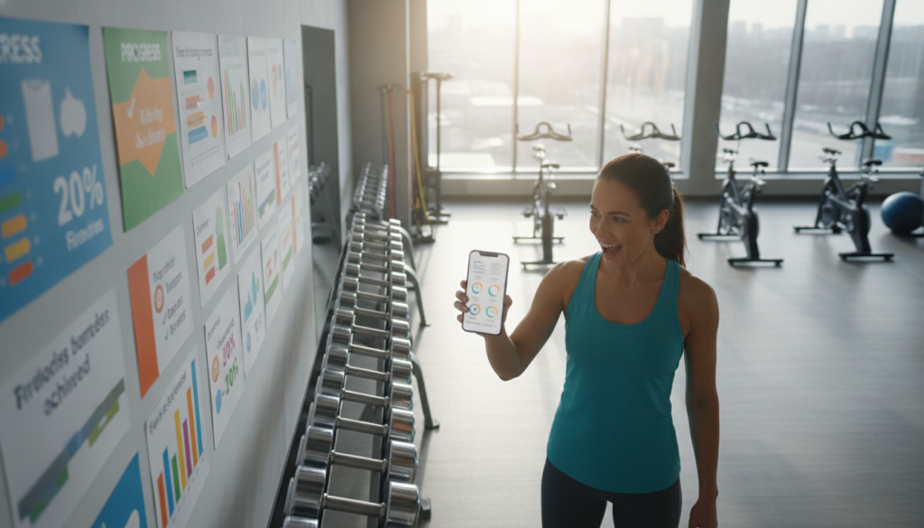 A vibrant and motivating fitness scene set in a bright, modern gym. In the foreground, a focused individual in modest athletic wear is standing in front of a wall covered with a colorful progress chart, holding a smartphone displaying workout stats. The expression on their face radiates determination and excitement. In the middle ground, various workout equipment like dumbbells and stationary bikes are arranged neatly, suggesting an active atmosphere. The background features large windows allowing natural light to flood the space, enhancing the energetic mood. The angle is slightly elevated, capturing the scene in a dynamic perspective. Soft, inspiring lighting emphasizes the individual's focus on tracking progress, fostering a sense of achievement and motivation to stay consistent with fitness goals. A vibrant and motivating fitness scene set in a bright, modern gym. In the foreground, a focused individual in modest athletic wear is standing in front of a wall covered with a colorful progress chart, holding a smartphone displaying workout stats. The expression on their face radiates determination and excitement. In the middle ground, various workout equipment like dumbbells and stationary bikes are arranged neatly, suggesting an active atmosphere. The background features large windows allowing natural light to flood the space, enhancing the energetic mood. The angle is slightly elevated, capturing the scene in a dynamic perspective. Soft, inspiring lighting emphasizes the individual's focus on tracking progress, fostering a sense of achievement and motivation to stay consistent with fitness goals.