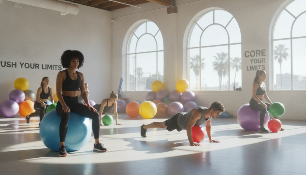 A vibrant fitness studio with a bright and airy atmosphere, showcasing a variety of core exercises performed with an exercise ball. In the foreground, a diverse group of individuals in casual athletic wear is engaged in different activities, such as balancing on the ball, performing plank variations, and engaging their core muscles. The middle layer features exercise balls of various colors and sizes, strategically placed to enhance the visual interest. The background includes large windows with natural light streaming in, illuminating the space and creating a motivational ambiance. The camera angle is slightly elevated, capturing the action from above, emphasizing the energy and engagement of the participants. The overall mood is energetic and focused, encouraging viewers to embrace a healthy lifestyle. A vibrant fitness studio with a bright and airy atmosphere, showcasing a variety of core exercises performed with an exercise ball. In the foreground, a diverse group of individuals in casual athletic wear is engaged in different activities, such as balancing on the ball, performing plank variations, and engaging their core muscles. The middle layer features exercise balls of various colors and sizes, strategically placed to enhance the visual interest. The background includes large windows with natural light streaming in, illuminating the space and creating a motivational ambiance. The camera angle is slightly elevated, capturing the action from above, emphasizing the energy and engagement of the participants. The overall mood is energetic and focused, encouraging viewers to embrace a healthy lifestyle.