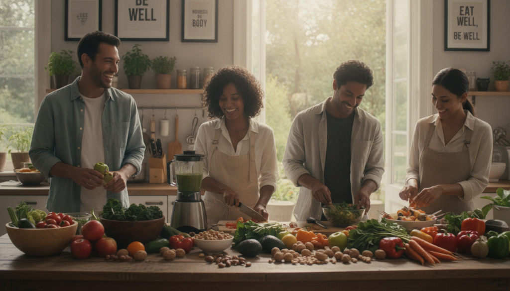 A vibrant kitchen setting filled with fresh fruits and vegetables, emphasizing a healthy lifestyle. In the foreground, a wooden table displays colorful organic produce, including apples, avocados, leafy greens, and nuts, arranged artistically. In the middle ground, a diverse group of individuals in professional casual attire—two men and two women—are engaging in meal preparation, sharing joyful expressions as they chop vegetables and blend smoothies. In the background, large windows let in warm sunlight, illuminating the serene space with plants and motivational wellness posters adorning the walls. The atmosphere is lively yet calm, evoking a sense of community and commitment to health. Use soft, natural lighting to enhance the sense of warmth and positivity, focusing on an inviting angle that captures the interaction among the people and their food. A vibrant kitchen setting filled with fresh fruits and vegetables, emphasizing a healthy lifestyle. In the foreground, a wooden table displays colorful organic produce, including apples, avocados, leafy greens, and nuts, arranged artistically. In the middle ground, a diverse group of individuals in professional casual attire—two men and two women—are engaging in meal preparation, sharing joyful expressions as they chop vegetables and blend smoothies. In the background, large windows let in warm sunlight, illuminating the serene space with plants and motivational wellness posters adorning the walls. The atmosphere is lively yet calm, evoking a sense of community and commitment to health. Use soft, natural lighting to enhance the sense of warmth and positivity, focusing on an inviting angle that captures the interaction among the people and their food.