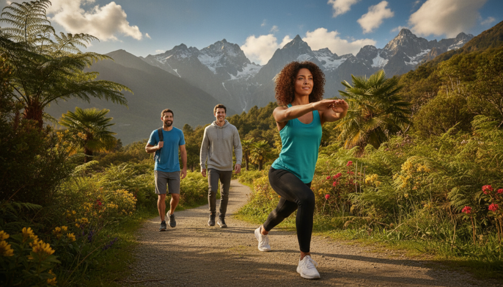 A vibrant outdoor scene depicting a group of diverse individuals engaging in fitness activities. In the foreground, include a woman in comfortable athletic wear demonstrating lunges, while in the middle ground, two men are walking briskly along a picturesque trail surrounded by lush greenery. In the background, a panoramic view of a serene mountain landscape under a bright blue sky with soft white clouds. The lighting is warm, suggesting a late afternoon sun casting gentle shadows. The atmosphere feels lively and invigorating, embodying the spirit of community and wellness. Capture the essence of outdoor fitness with a focus on natural beauty and active engagement, ensuring all participants are portrayed in modest athletic attire.