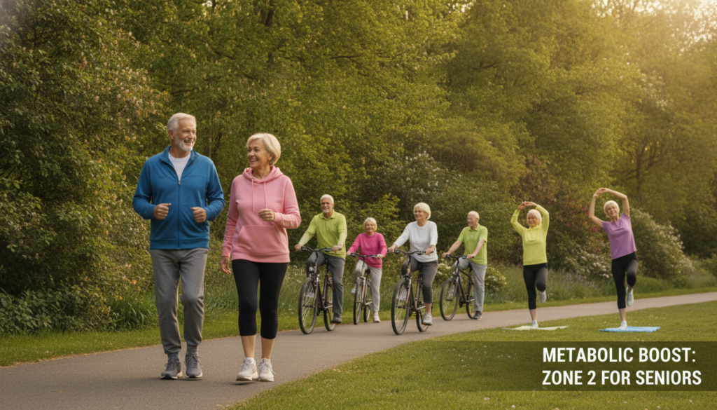 A vibrant scene depicting seniors engaging in Zone 2 cardio exercises in a bright, inviting park. A vibrant scene depicting seniors engaging in Zone 2 cardio exercises in a bright, inviting park.
